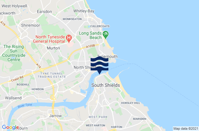 Mapa da tábua de marés em Tyne River Entrance, United Kingdom
