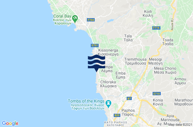 Mapa da tábua de marés em Tála, Cyprus