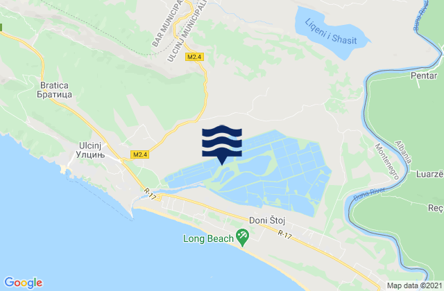 Mapa da tábua de marés em Ulcinj, Montenegro