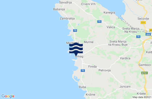 Mapa da tábua de marés em Umag-Umago, Croatia
