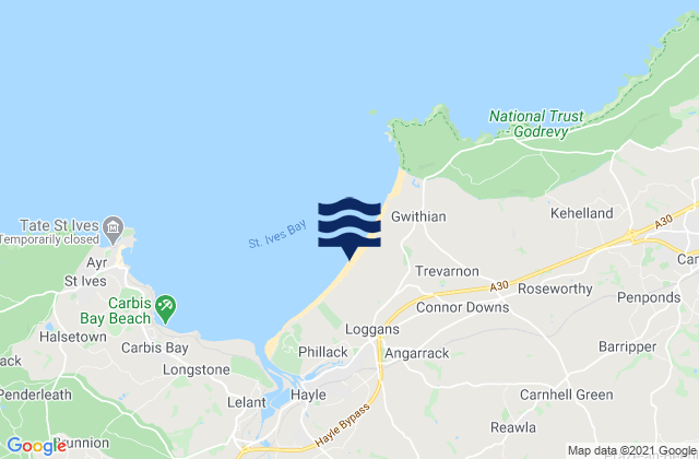Mapa da tábua de marés em Upton Towans Beach, United Kingdom
