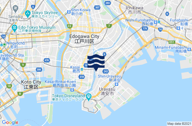 Mapa da tábua de marés em Urayasu, Japan