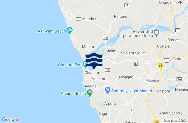 Mapa da tábua de marés em Vagator, India