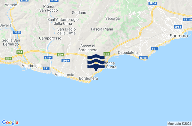 Mapa da tábua de marés em Vallebona, Italy