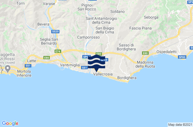 Mapa da tábua de marés em Vallecrosia, Italy