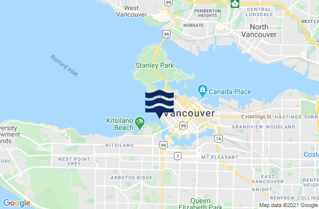 Mapa da tábua de marés em Vancouver, Canada
