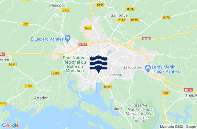 Mapa da tábua de marés em Vannes Morbihan, France