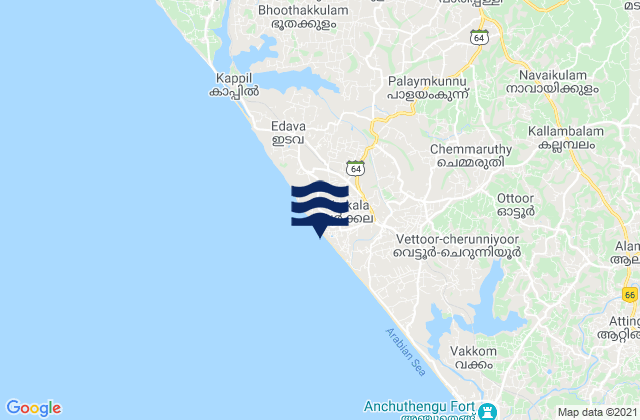 Mapa da tábua de marés em Varkala, India
