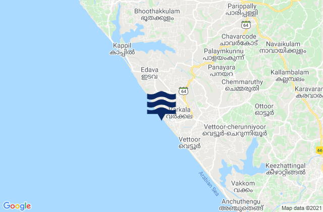 Mapa da tábua de marés em Varkkallai, India