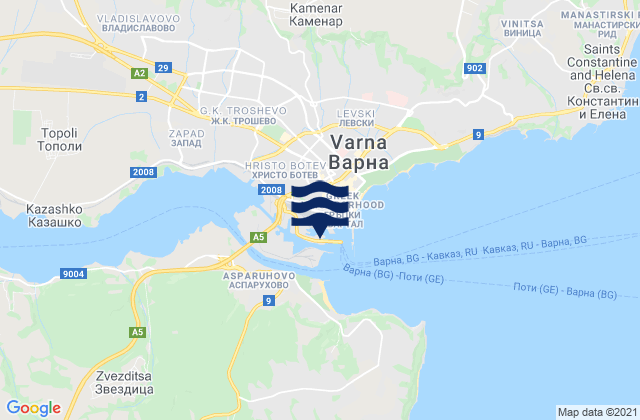 Mapa da tábua de marés em Varna, Bulgaria