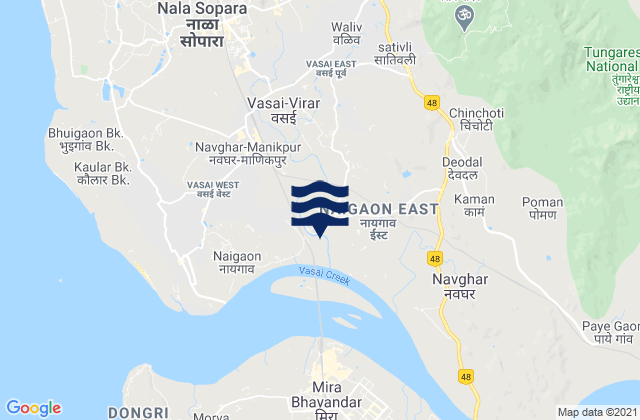 Mapa da tábua de marés em Vasai, India