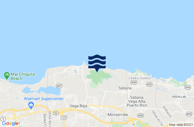 Mapa da tábua de marés em Vega Baja, Puerto Rico