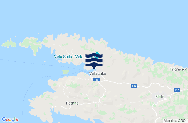 Mapa da tábua de marés em Vela Luka, Croatia