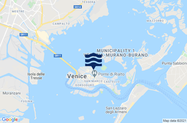 Mapa da tábua de marés em Venezia, Italy
