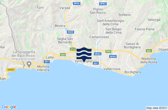 Mapa da tábua de marés em Ventimiglia, Italy