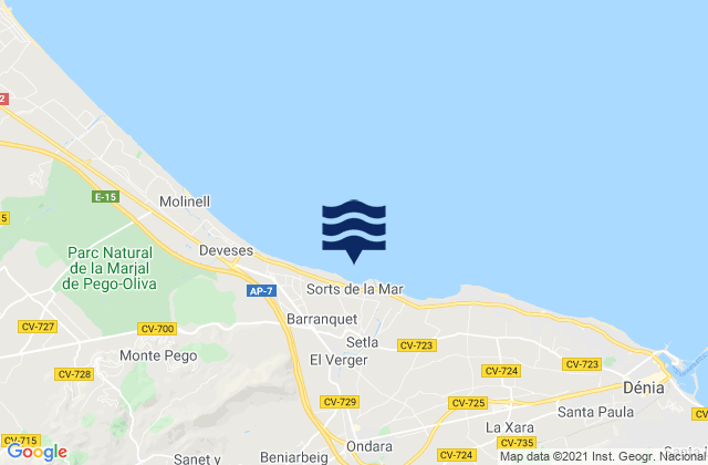 Mapa da tábua de marés em Vergel, Spain