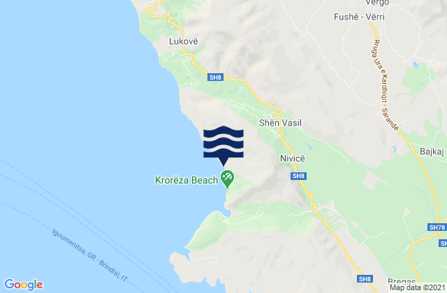 Mapa da tábua de marés em Vergo, Albania