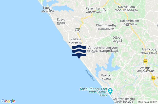 Mapa da tábua de marés em Vettūr, India