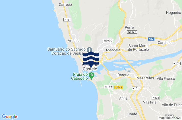 Mapa da tábua de marés em Viana do Castelo, Portugal