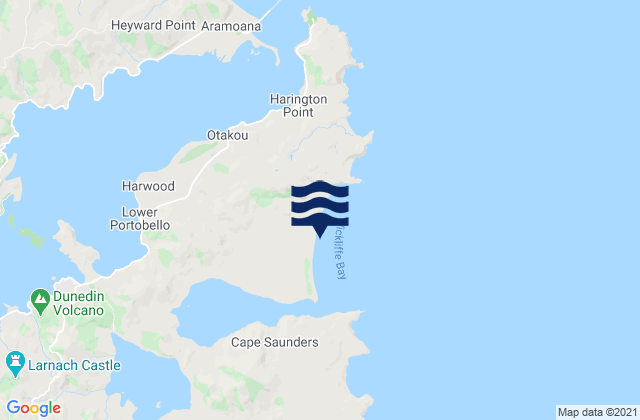 Mapa da tábua de marés em Victory Beach, New Zealand