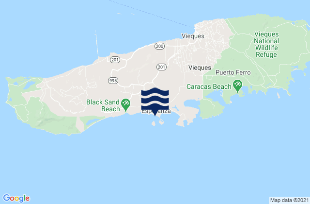 Mapa da tábua de marés em Vieques Island, Puerto Rico