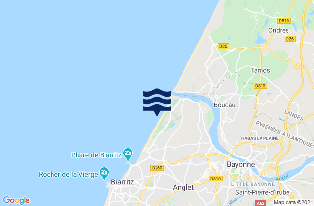 Mapa da tábua de marés em Vieux-Boucau, France