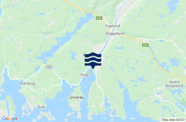Mapa da tábua de marés em Vigeland, Norway