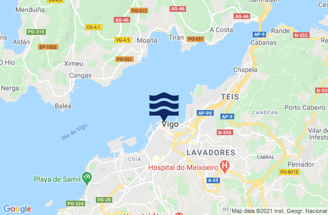 Mapa da tábua de marés em Vigo, Spain