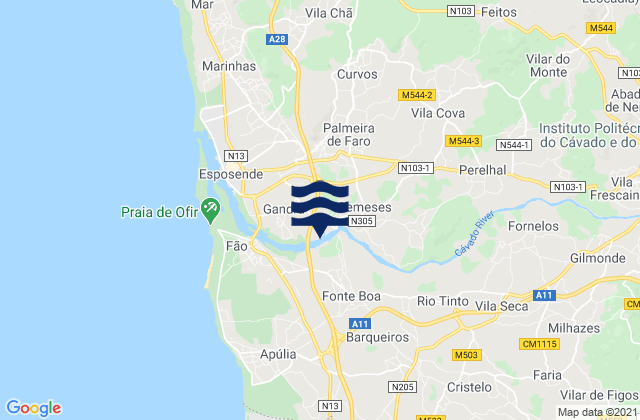 Mapa da tábua de marés em Vila Frescainha, Portugal