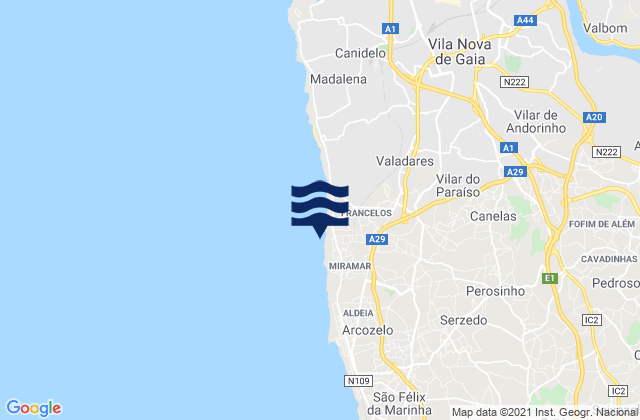 Mapa da tábua de marés em Vila Nova da Telha, Portugal