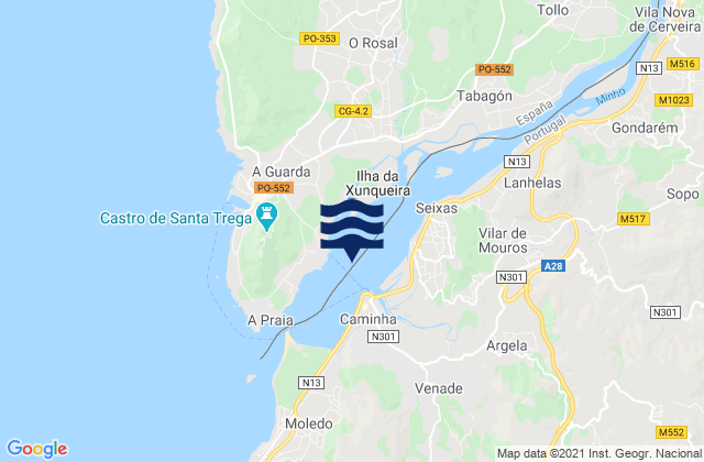 Mapa da tábua de marés em Vila Nova de Cerveira, Portugal