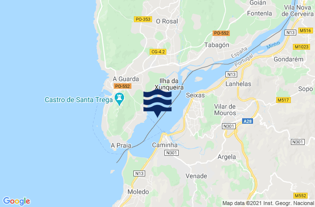 Mapa da tábua de marés em Vila Nova de Cerveira, Portugal