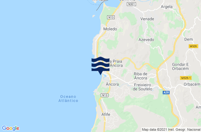 Mapa da tábua de marés em Vila Praia de Âncora, Portugal