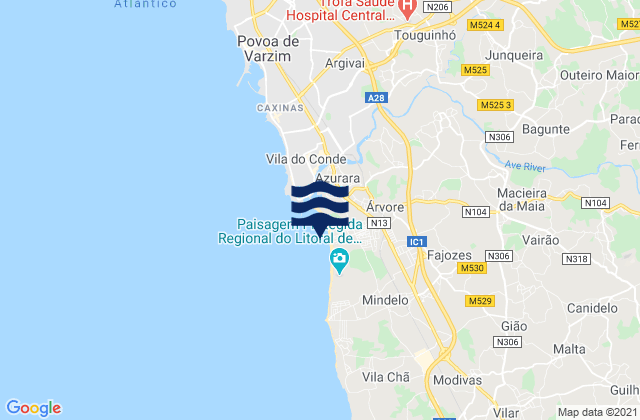 Mapa da tábua de marés em Vila do Conde, Portugal