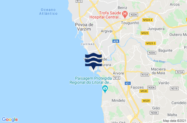 Mapa da tábua de marés em Vila do Conde, Portugal