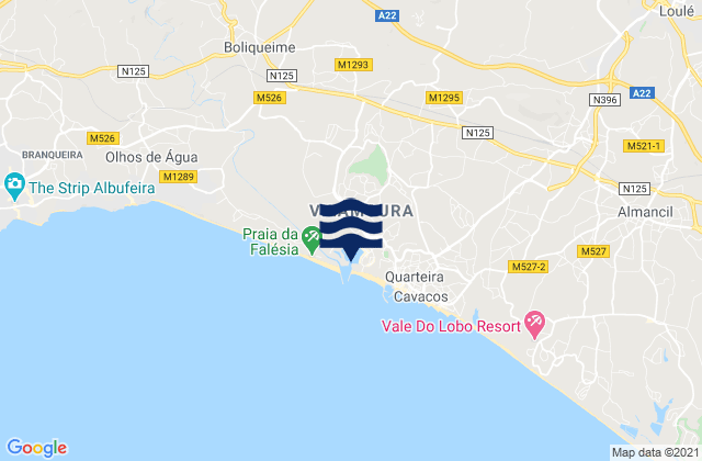 Mapa da tábua de marés em Vilamoura, Portugal