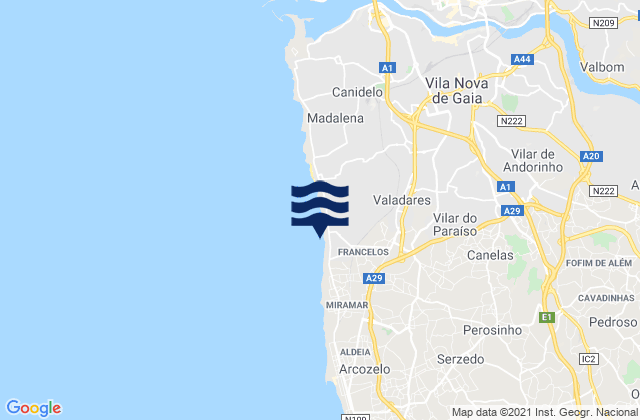 Mapa da tábua de marés em Vilar do Paraíso, Portugal