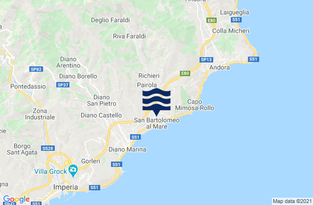 Mapa da tábua de marés em Villa Faraldi, Italy