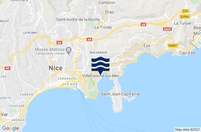 Mapa da tábua de marés em Villefranche-sur-Mer, France