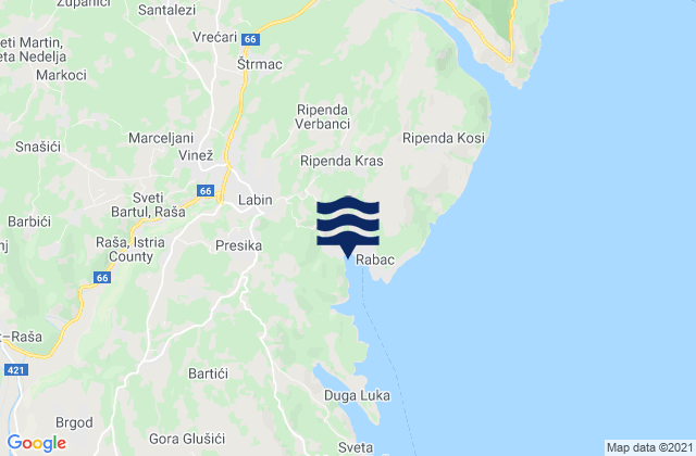 Mapa da tábua de marés em Vinež, Croatia