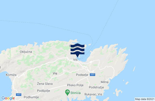 Mapa da tábua de marés em Vis, Croatia