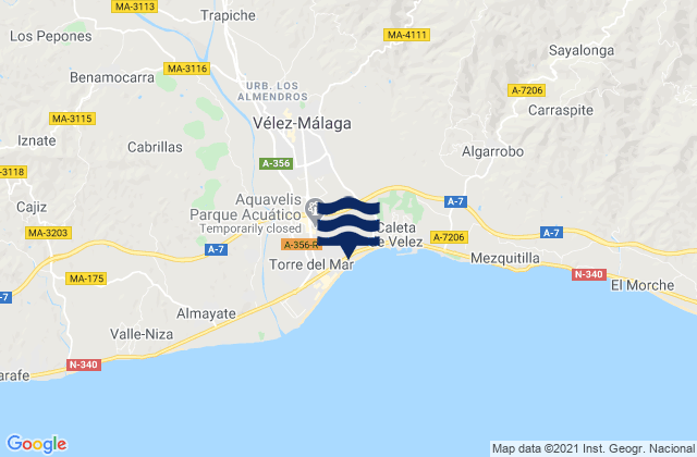 Mapa da tábua de marés em Viñuela, Spain