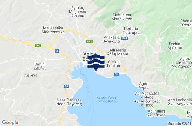 Mapa da tábua de marés em Volos Gulf of Volos, Greece
