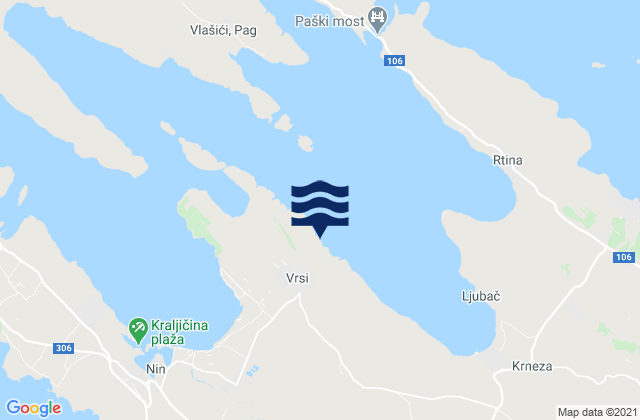 Mapa da tábua de marés em Vrsi, Croatia