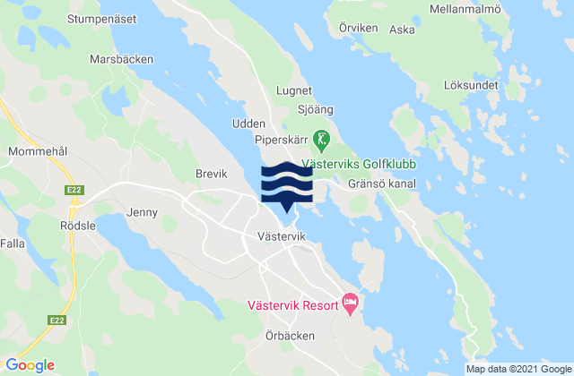 Mapa da tábua de marés em Västervik, Sweden