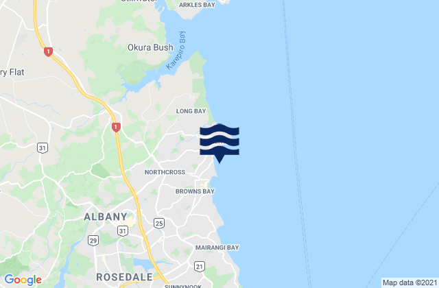 Mapa da tábua de marés em Waiake Beach, New Zealand