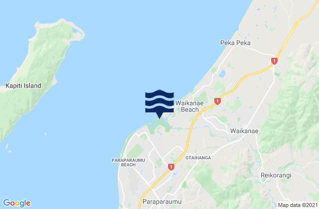 Mapa da tábua de marés em Waikanae Beach, New Zealand
