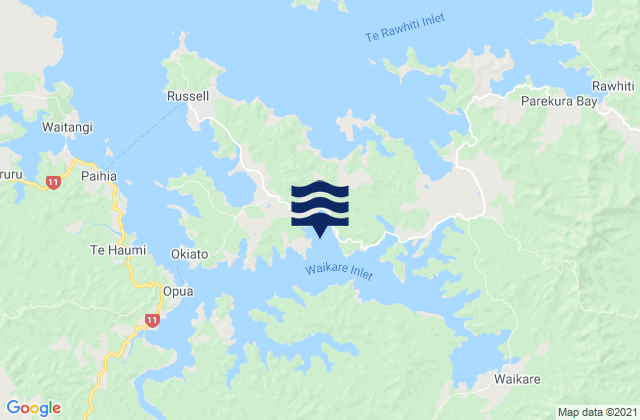 Mapa da tábua de marés em Waikare Inlet, New Zealand