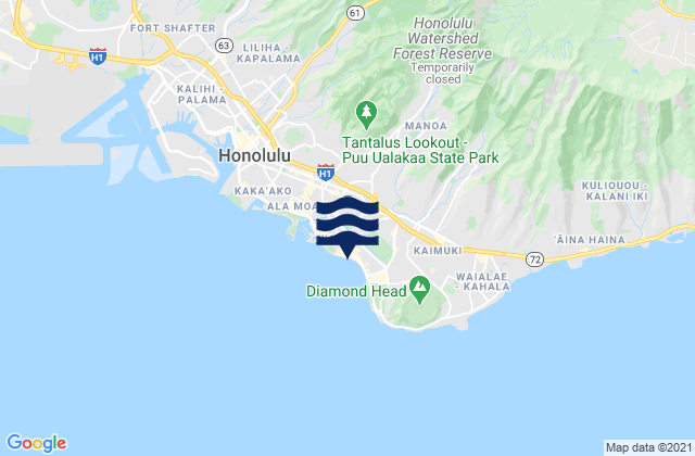 Mapa da tábua de marés em Waikīkī Beach, United States