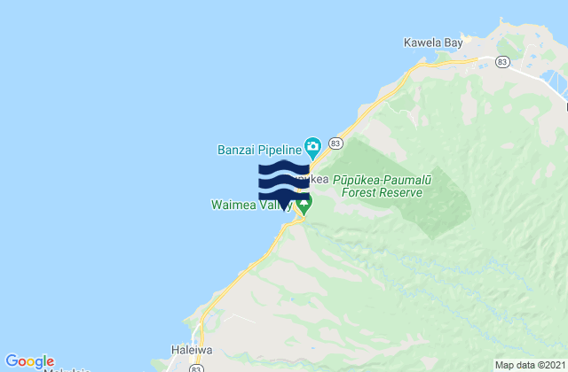 Mapa da tábua de marés em Waimea Bay/Pinballs, United States